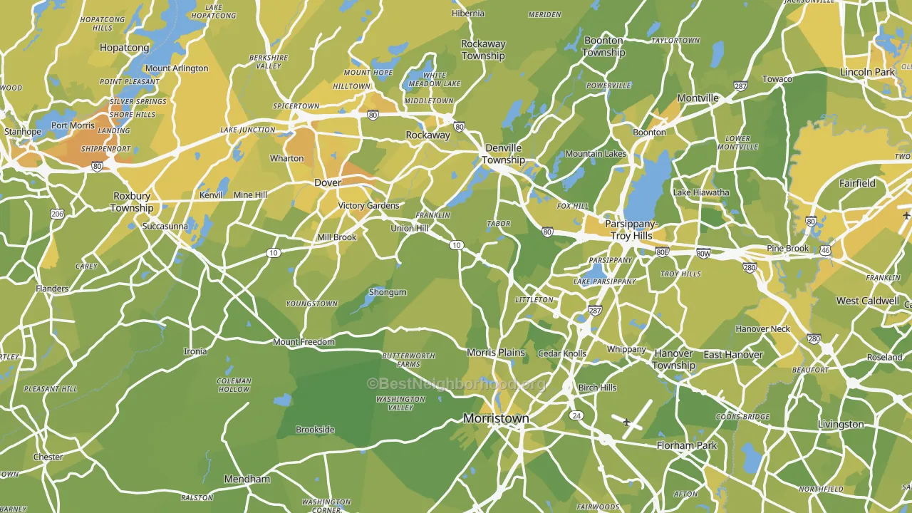 Map of the best neighborhoods in the Morris County area, with better matches in green and worse matches in red