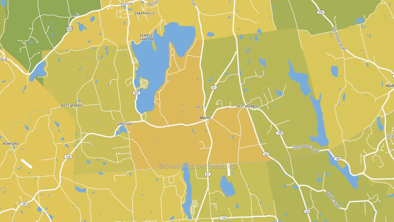 Map of the best neighborhoods in the Morris area, with better matches in green and worse matches in red