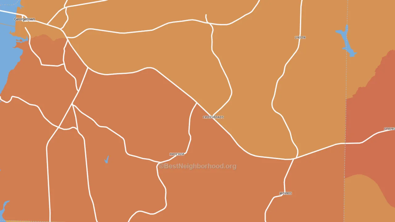 Map of the best neighborhoods in the Morris area, with better matches in green and worse matches in red