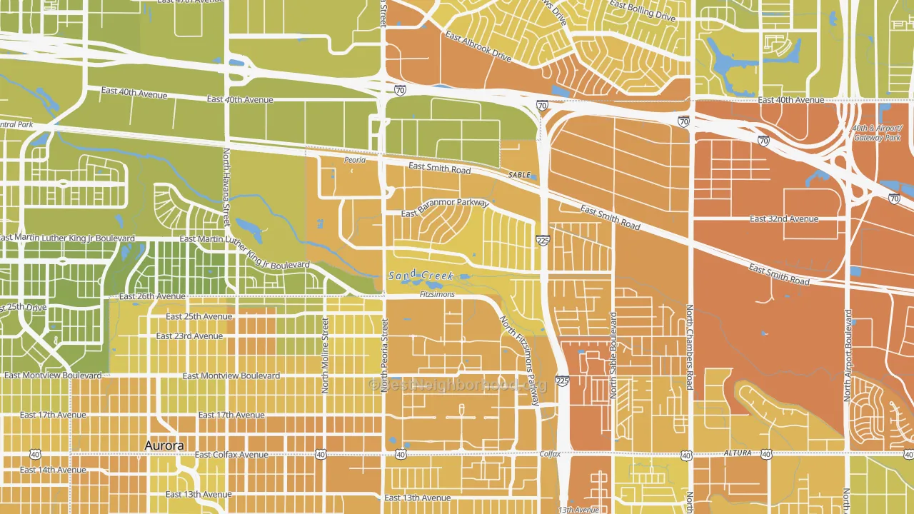 Map of the best neighborhoods in the Morris Heights, Aurora area, with better matches in green and worse matches in red