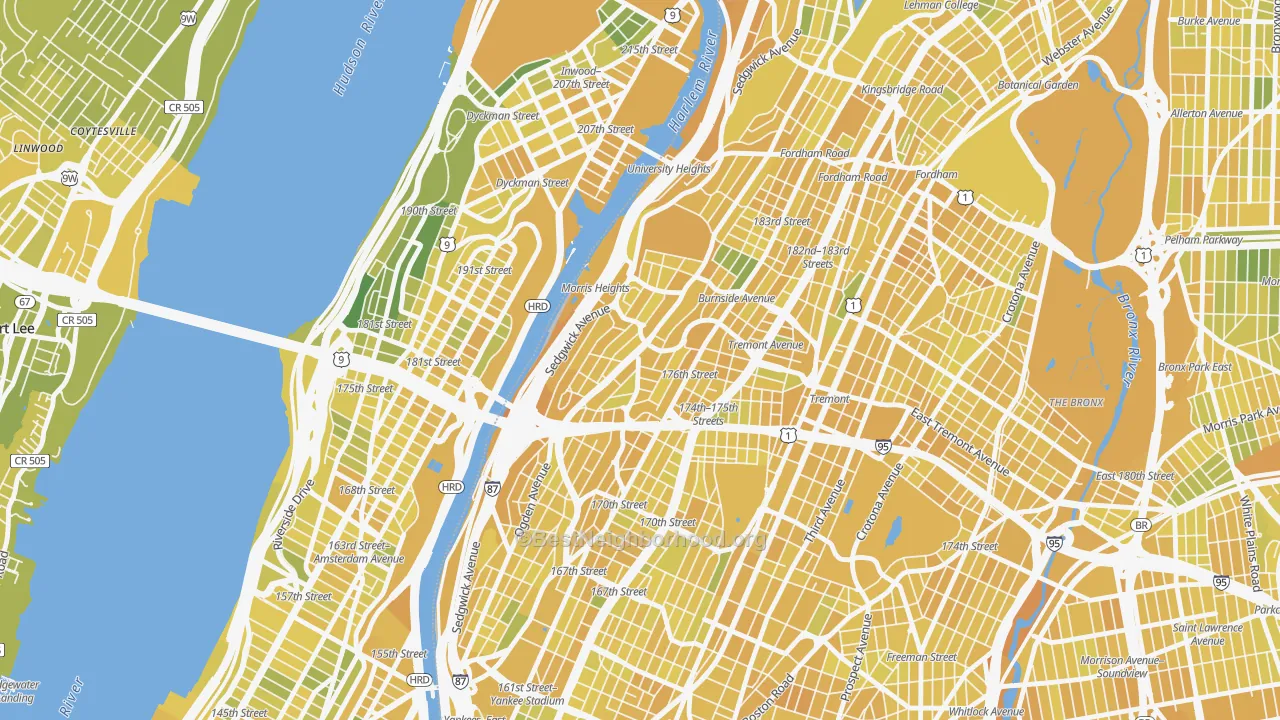 Map of the best neighborhoods in the Morris Heights, Bronx area, with better matches in green and worse matches in red