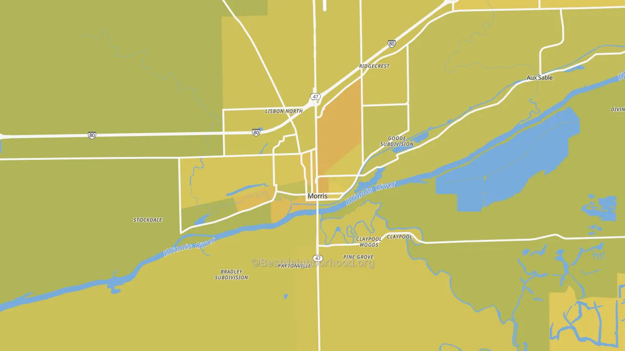 Map of the best neighborhoods in the Morris area, with better matches in green and worse matches in red
