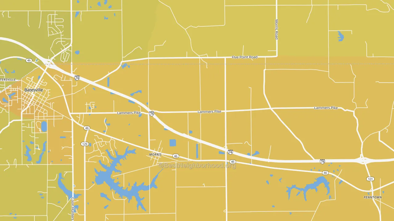 Map of the best neighborhoods in the Morris area, with better matches in green and worse matches in red