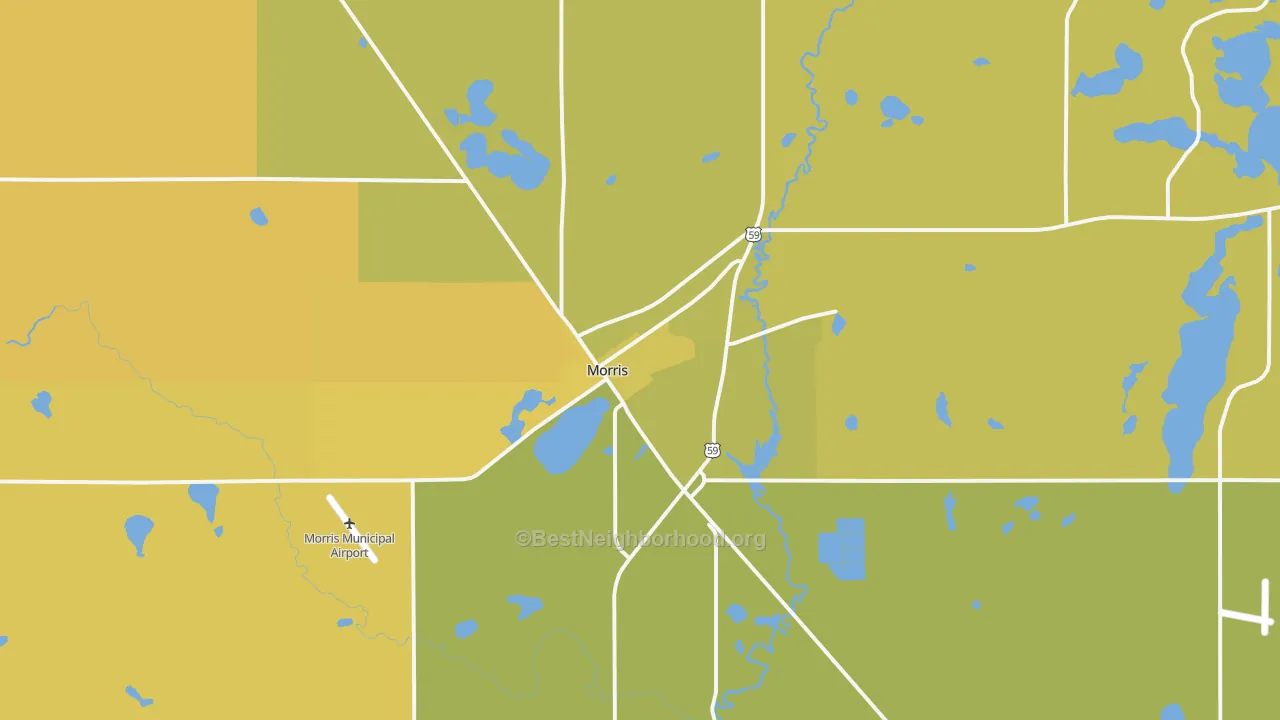 Map of the best neighborhoods in the Morris area, with better matches in green and worse matches in red
