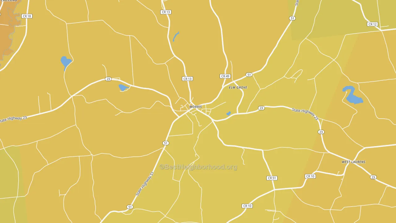 Map of the best neighborhoods in the Morris area, with better matches in green and worse matches in red