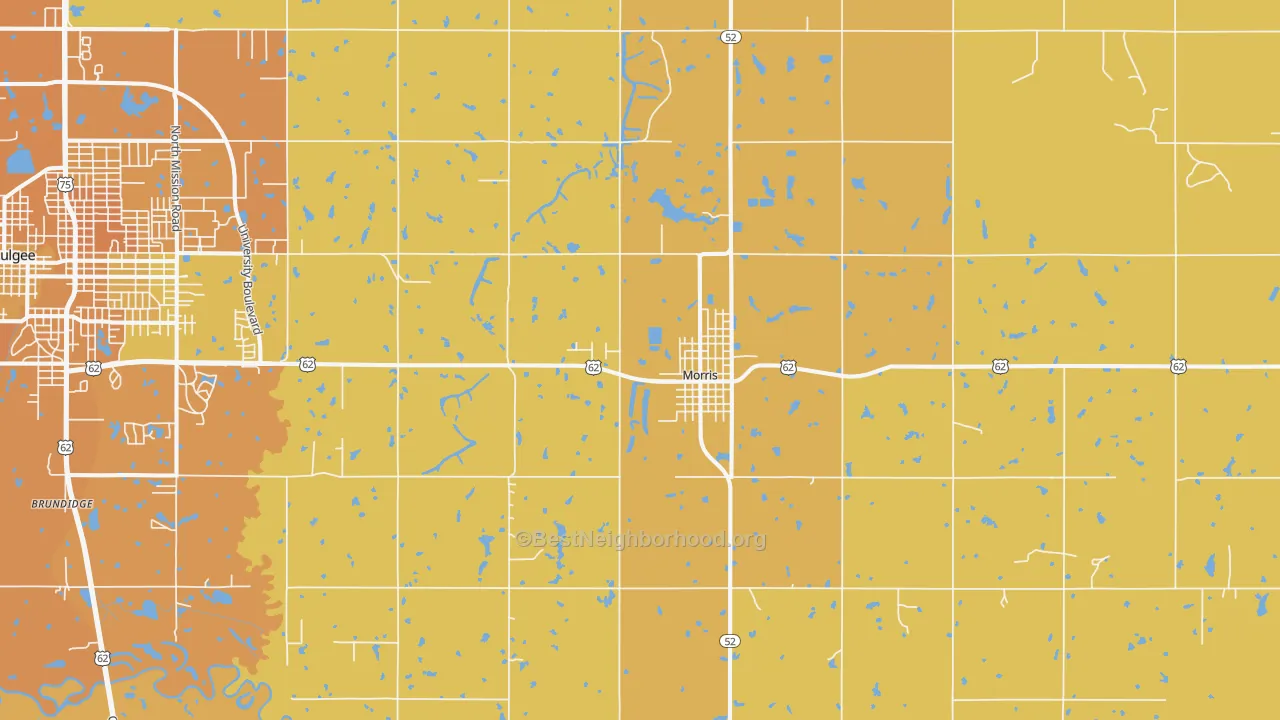 Map of the best neighborhoods in the Morris area, with better matches in green and worse matches in red