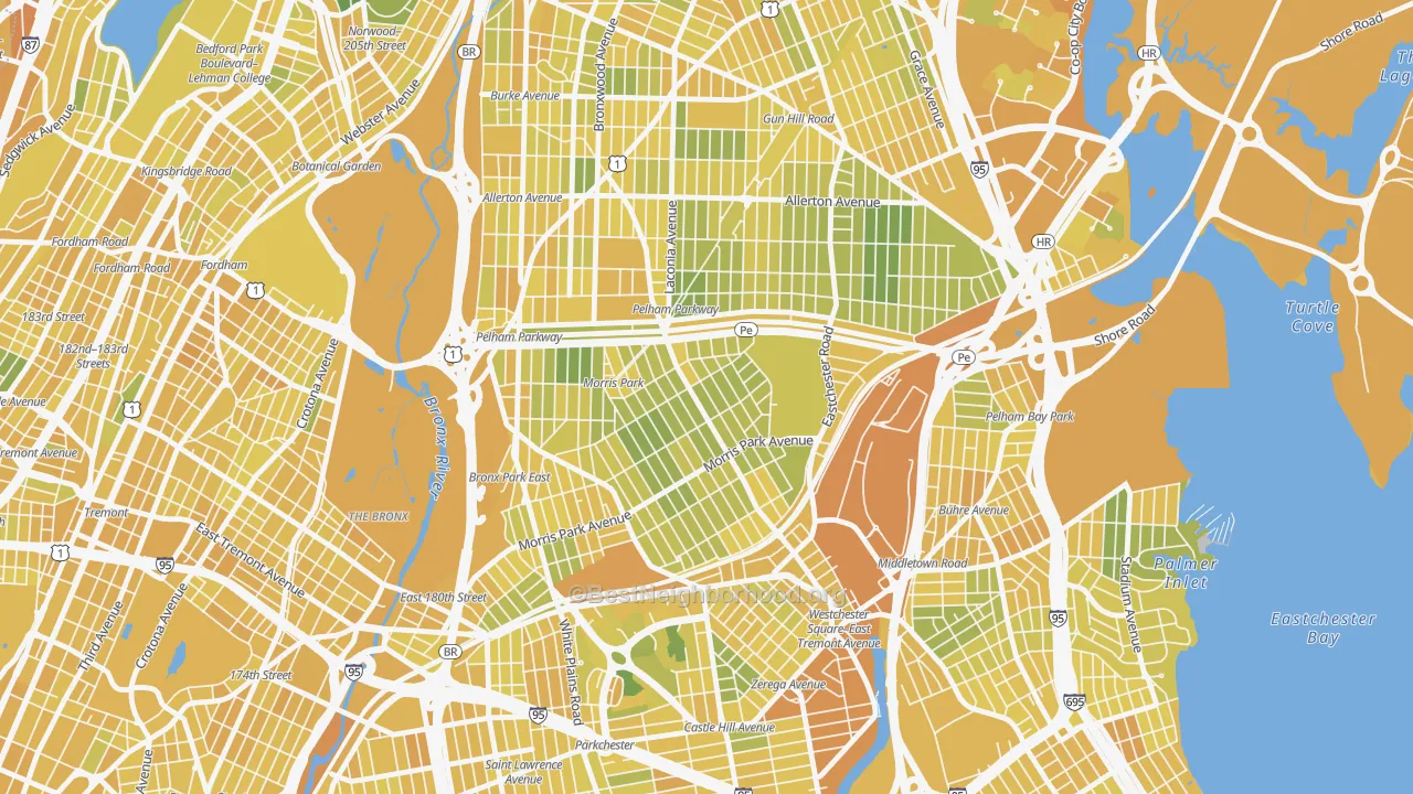 Map of the best neighborhoods in the Morris Park, Bronx area, with better matches in green and worse matches in red