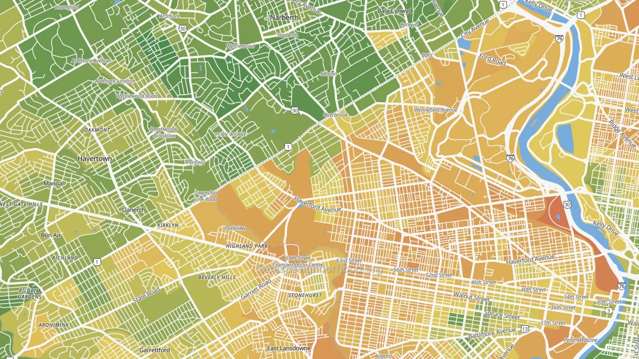 Map of the best neighborhoods in the Morris Park, Philadelphia area, with better matches in green and worse matches in red
