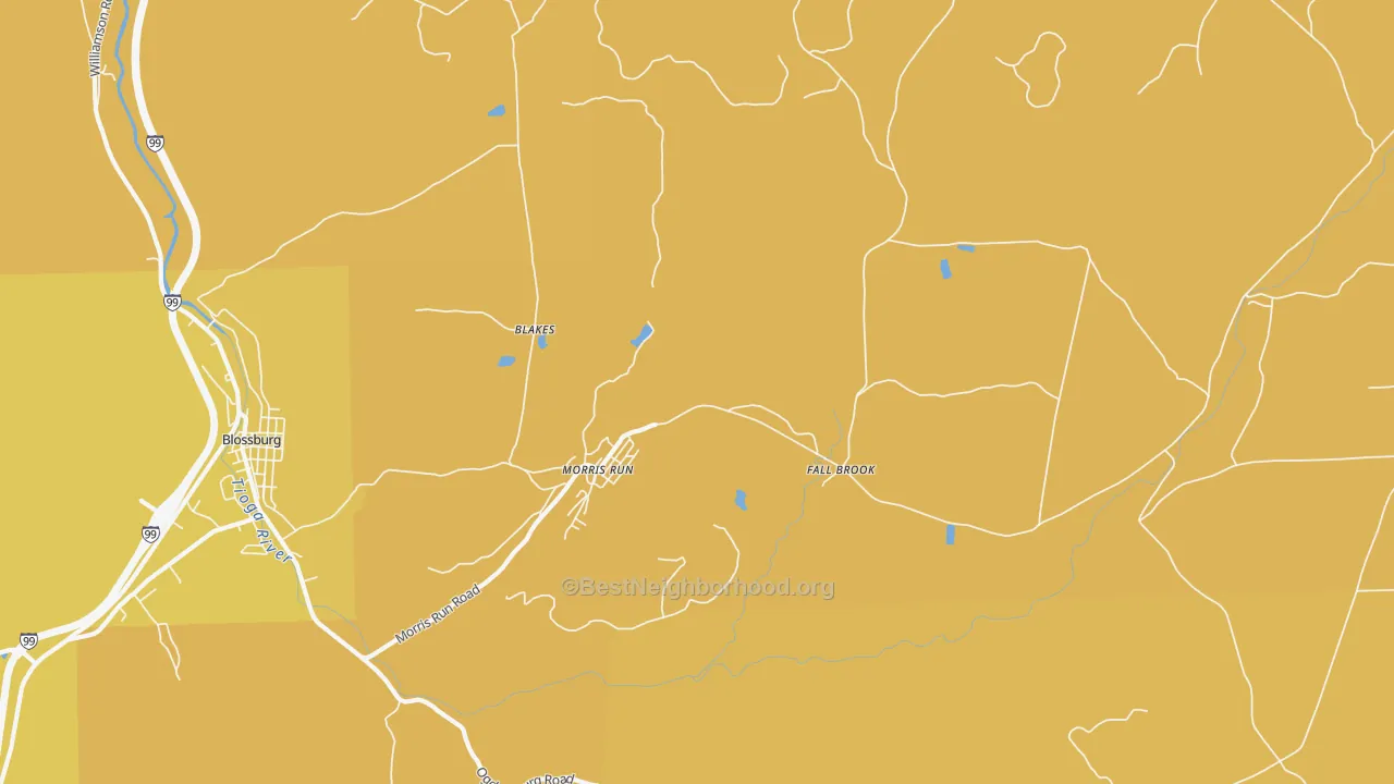 Map of the best neighborhoods in the Morris Run area, with better matches in green and worse matches in red