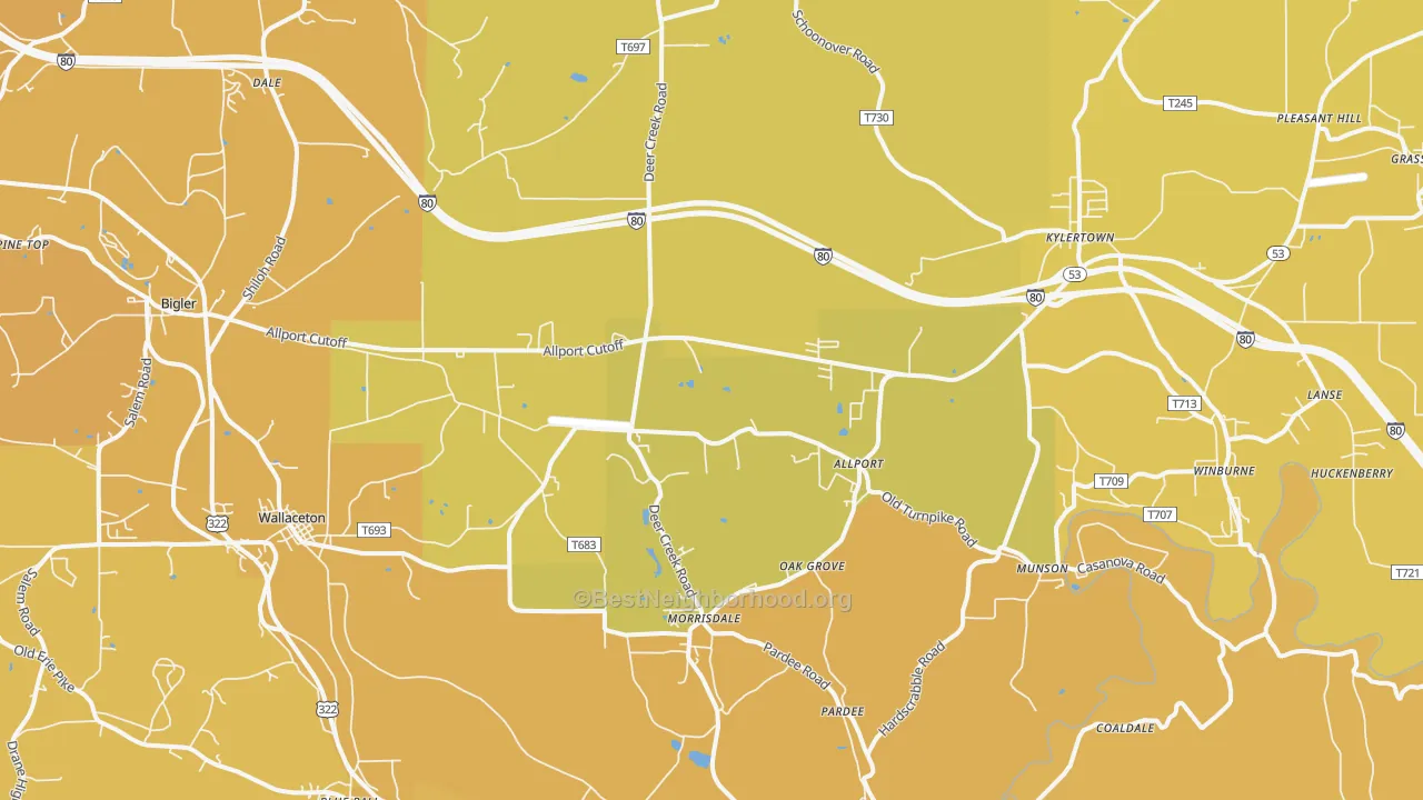Map of the best neighborhoods in the Morrisdale area, with better matches in green and worse matches in red