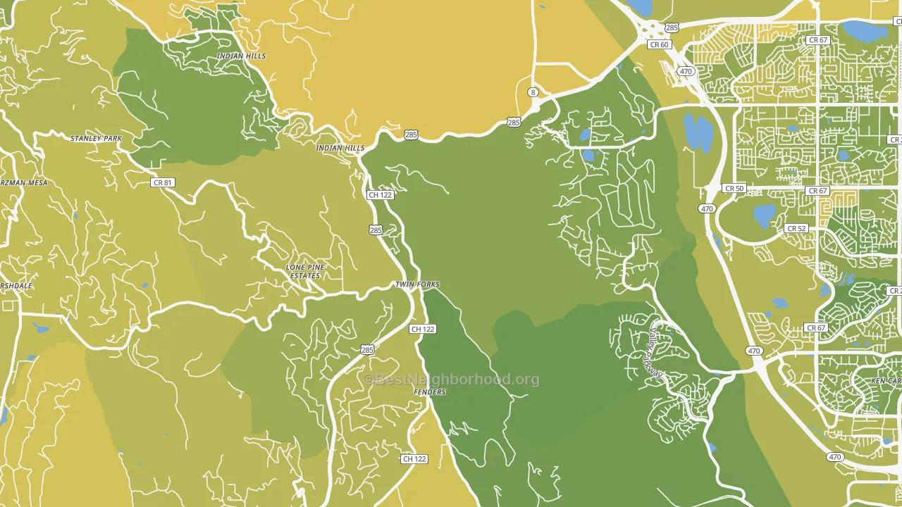 Map of the best neighborhoods in the Morrison area, with better matches in green and worse matches in red