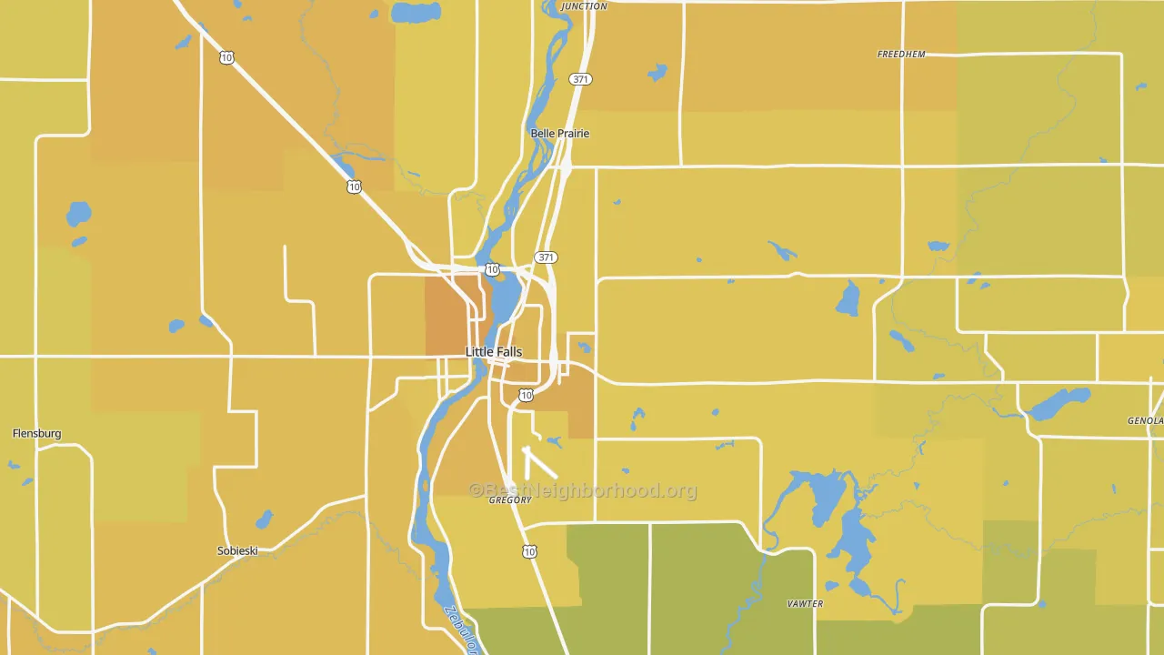 Map of the best neighborhoods in the Morrison County area, with better matches in green and worse matches in red