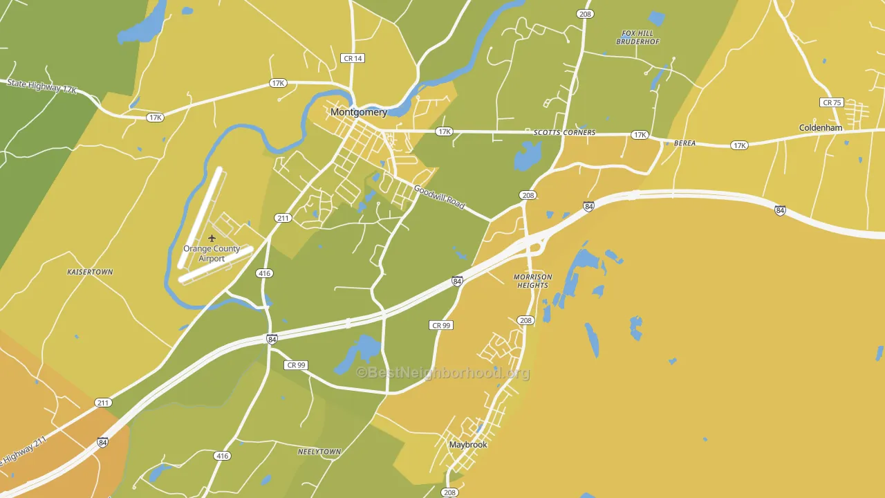 Map of the best neighborhoods in the Morrison Heights area, with better matches in green and worse matches in red