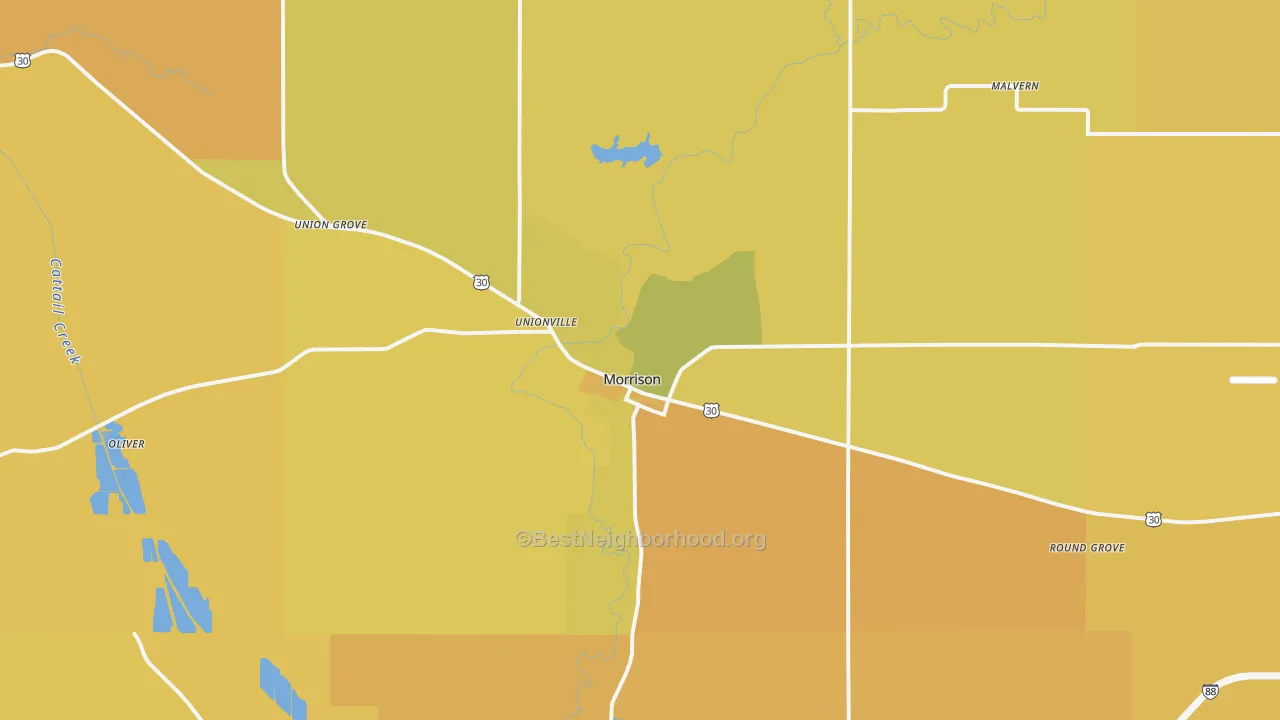 Map of the best neighborhoods in the Morrison area, with better matches in green and worse matches in red