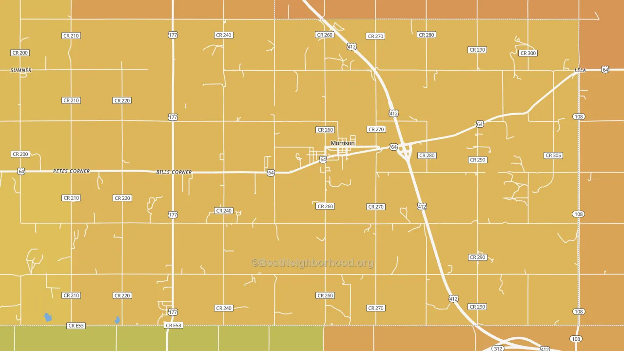 Map of the best neighborhoods in the Morrison area, with better matches in green and worse matches in red