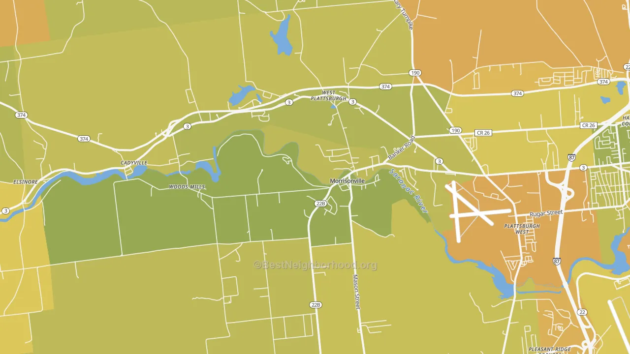 Map of the best neighborhoods in the Morrisonville area, with better matches in green and worse matches in red