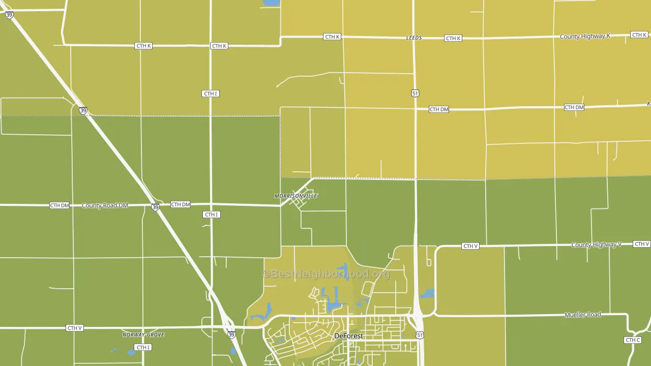 Map of the best neighborhoods in the Morrisonville area, with better matches in green and worse matches in red