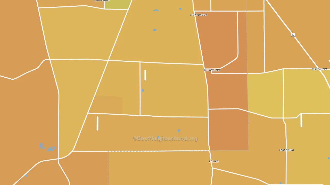 Map of the best neighborhoods in the Morriston area, with better matches in green and worse matches in red