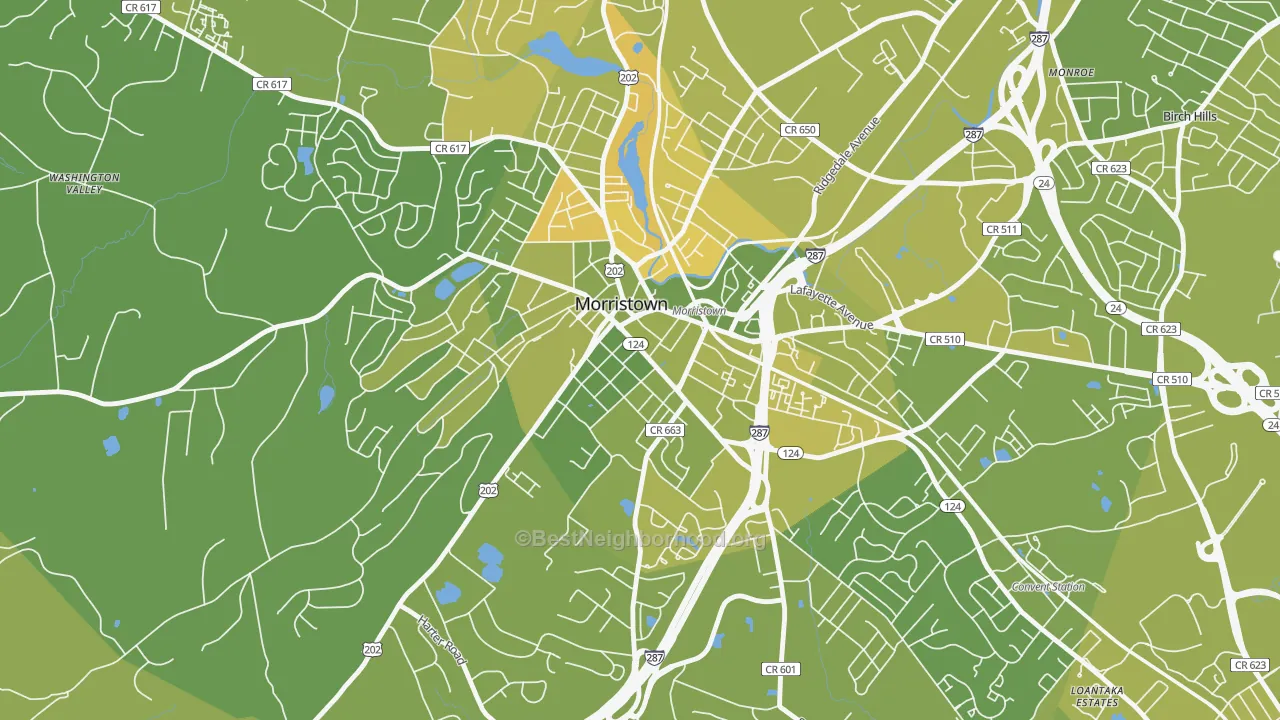 Map of the best neighborhoods in the Morristown Historic District, Morristown area, with better matches in green and worse matches in red