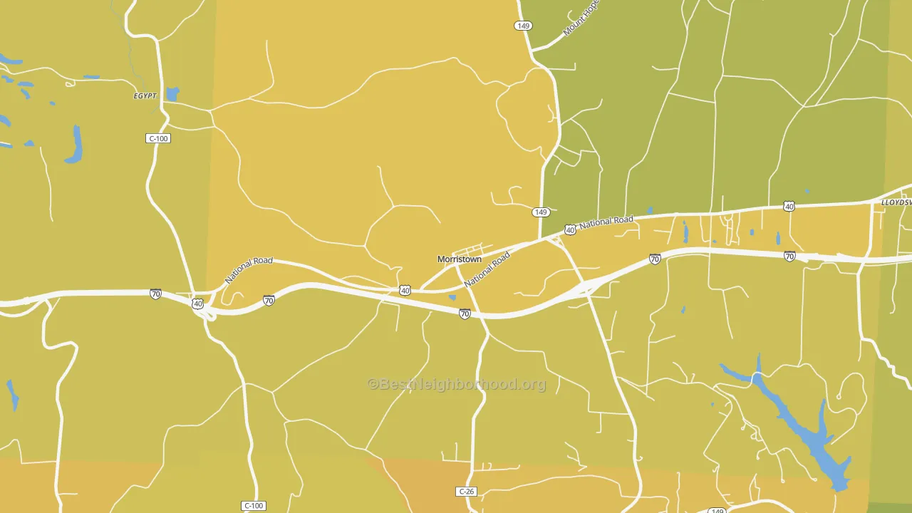 Map of the best neighborhoods in the Morristown area, with better matches in green and worse matches in red