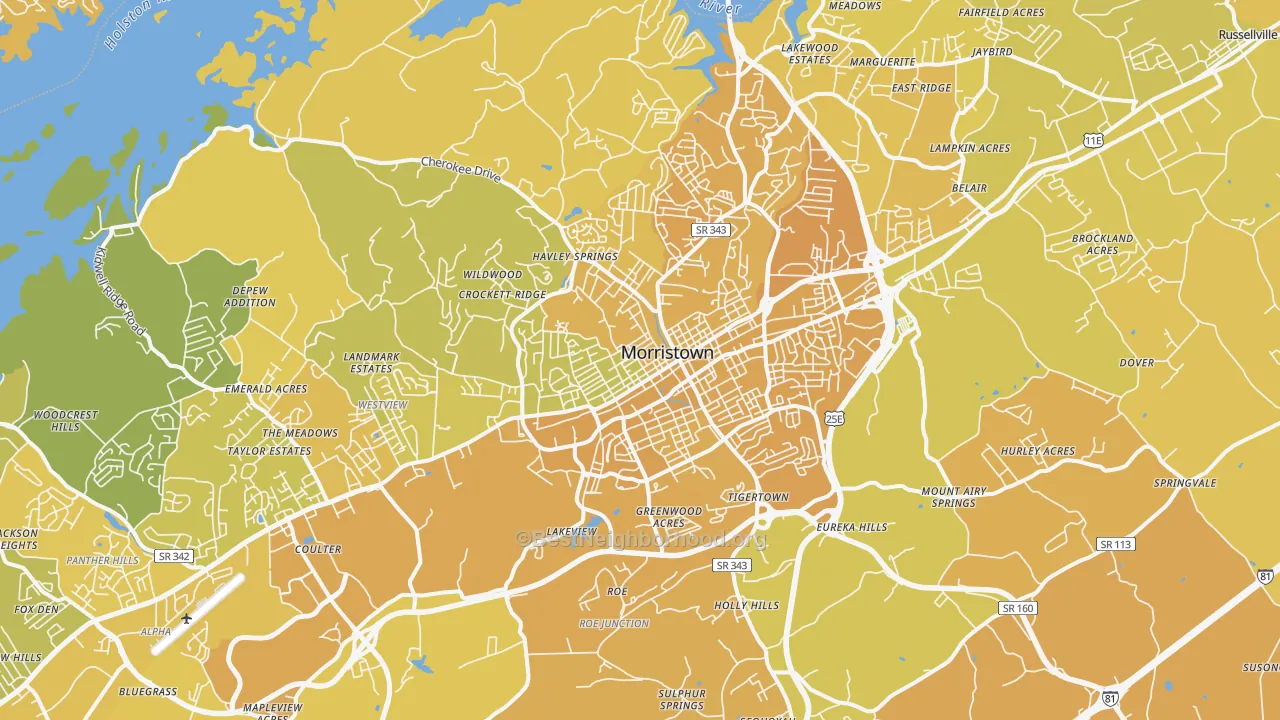 Map of the best neighborhoods in the Morristown Metro area, with better matches in green and worse matches in red