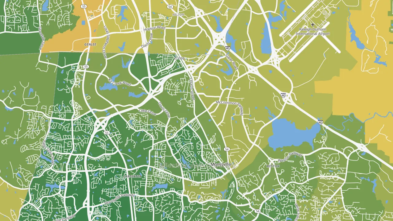 Map of the best neighborhoods in the Morrisville area, with better matches in green and worse matches in red