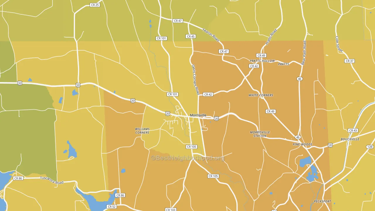 Map of the best neighborhoods in the Morrisville area, with better matches in green and worse matches in red