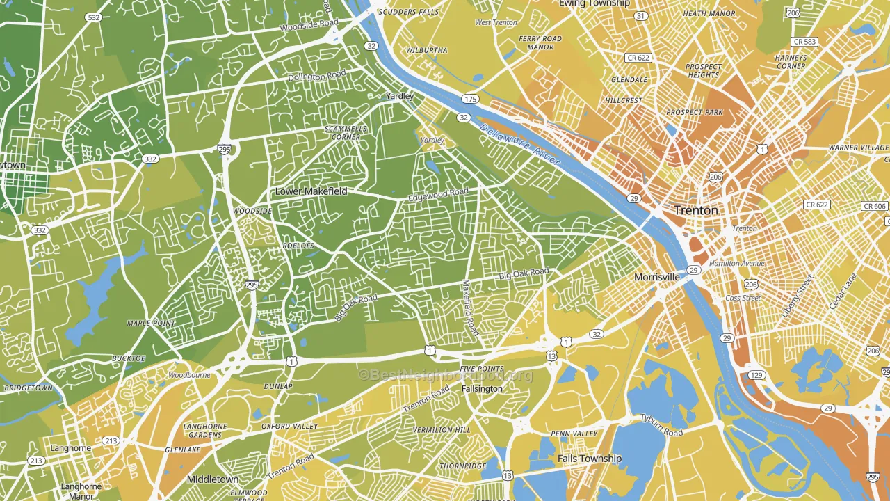 Map of the best neighborhoods in the Morrisville area, with better matches in green and worse matches in red
