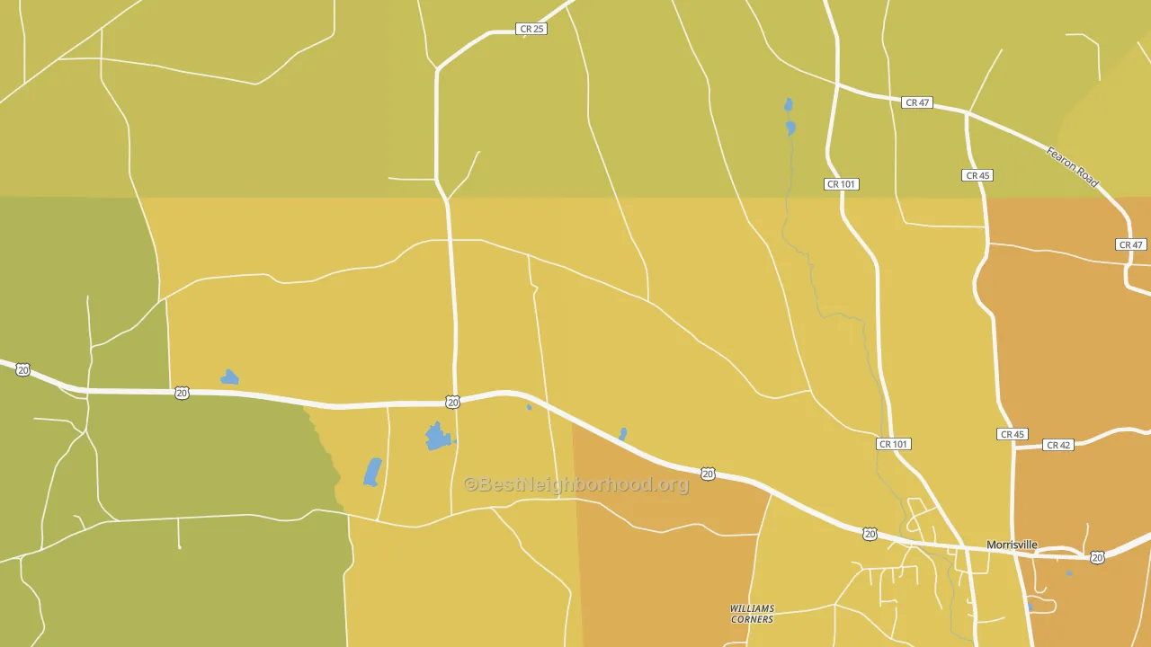 Map of the best neighborhoods in the Morrisville Station area, with better matches in green and worse matches in red