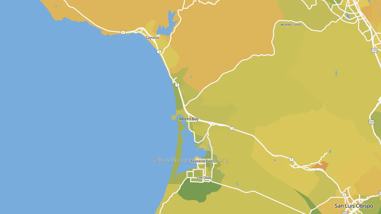 Map of the best neighborhoods in the Morro Bay area, with better matches in green and worse matches in red