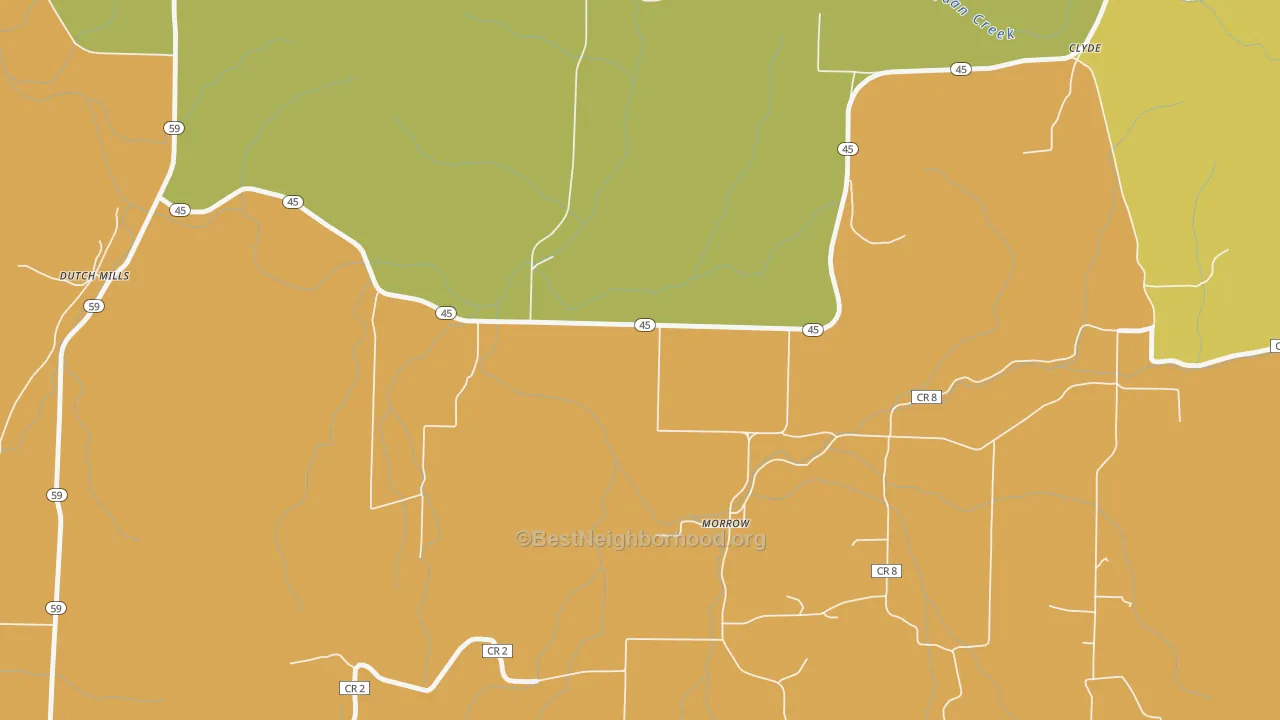 Map of the best neighborhoods in the Morrow area, with better matches in green and worse matches in red