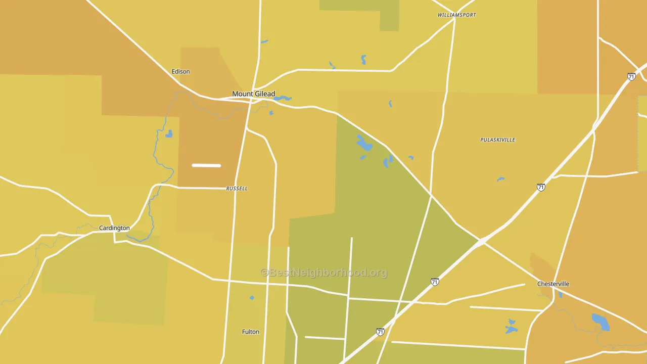Map of the best neighborhoods in the Morrow County area, with better matches in green and worse matches in red