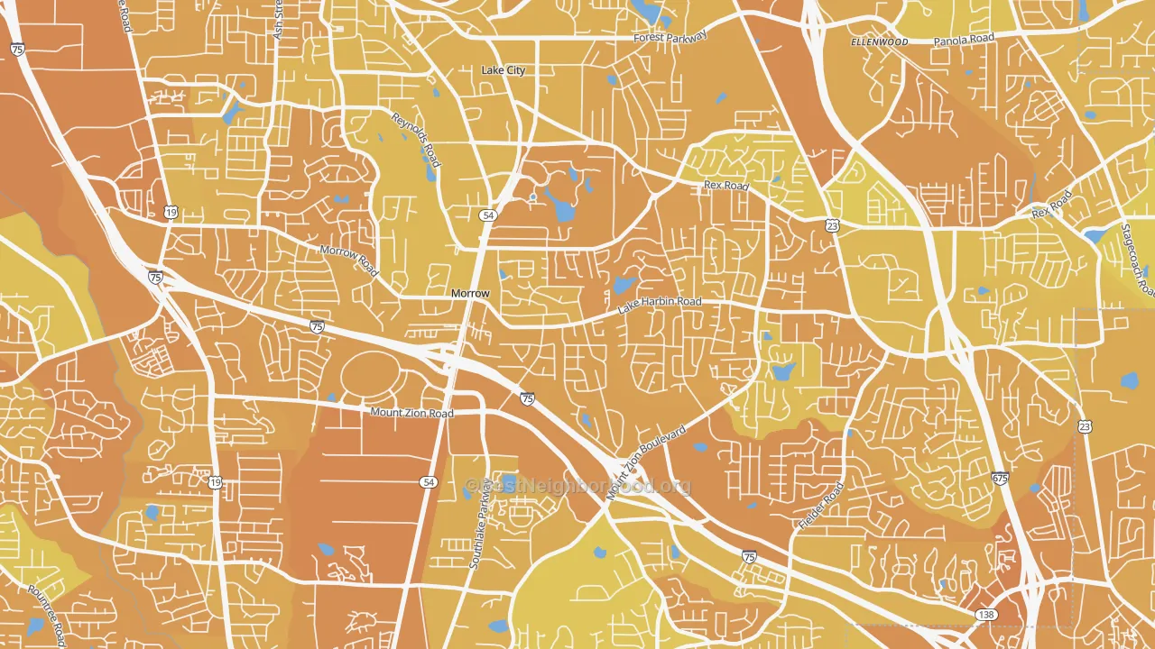 Map of the best neighborhoods in the Morrow area, with better matches in green and worse matches in red