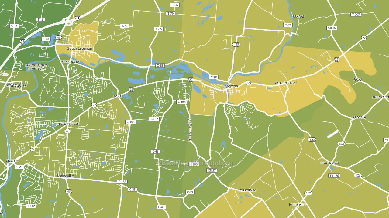 Map of the best neighborhoods in the Morrow area, with better matches in green and worse matches in red