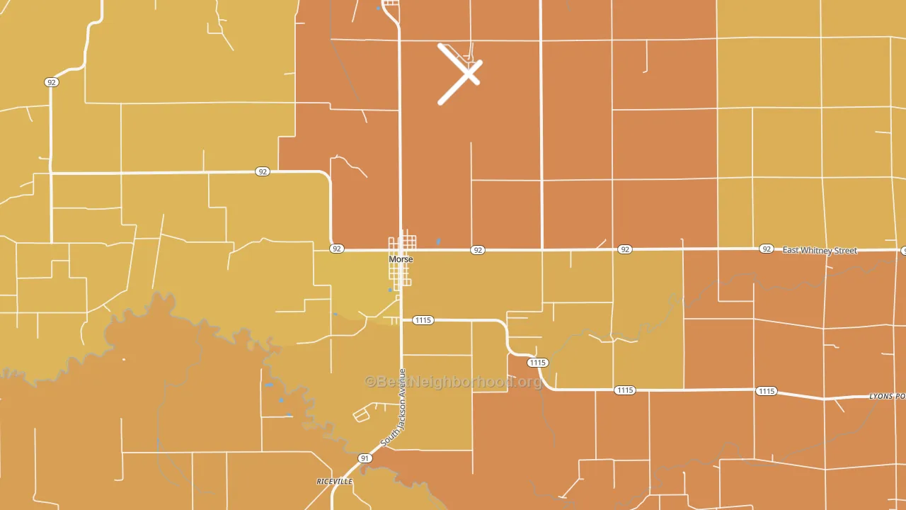 Map of the best neighborhoods in the Morse area, with better matches in green and worse matches in red