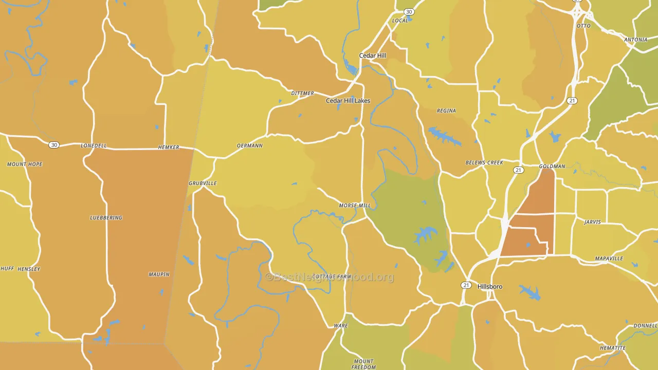 Map of the best neighborhoods in the Morse Mill area, with better matches in green and worse matches in red