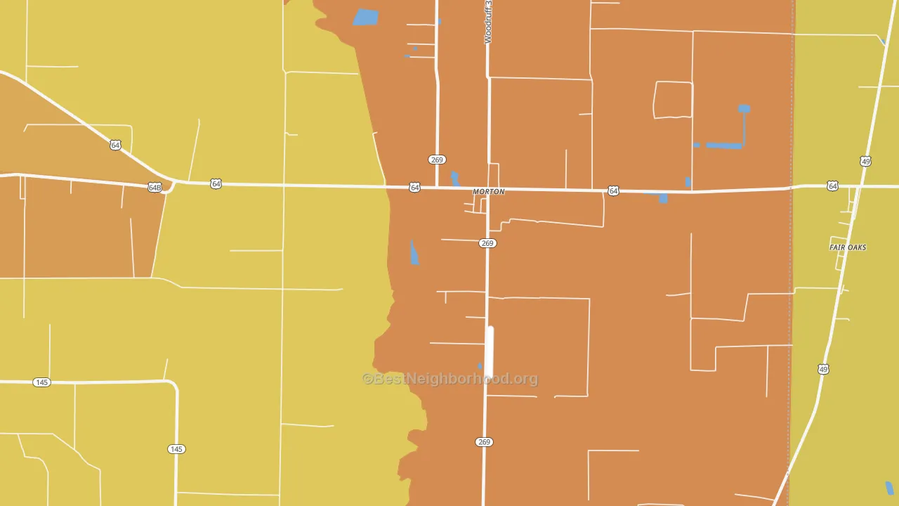 Map of the best neighborhoods in the Morton area, with better matches in green and worse matches in red