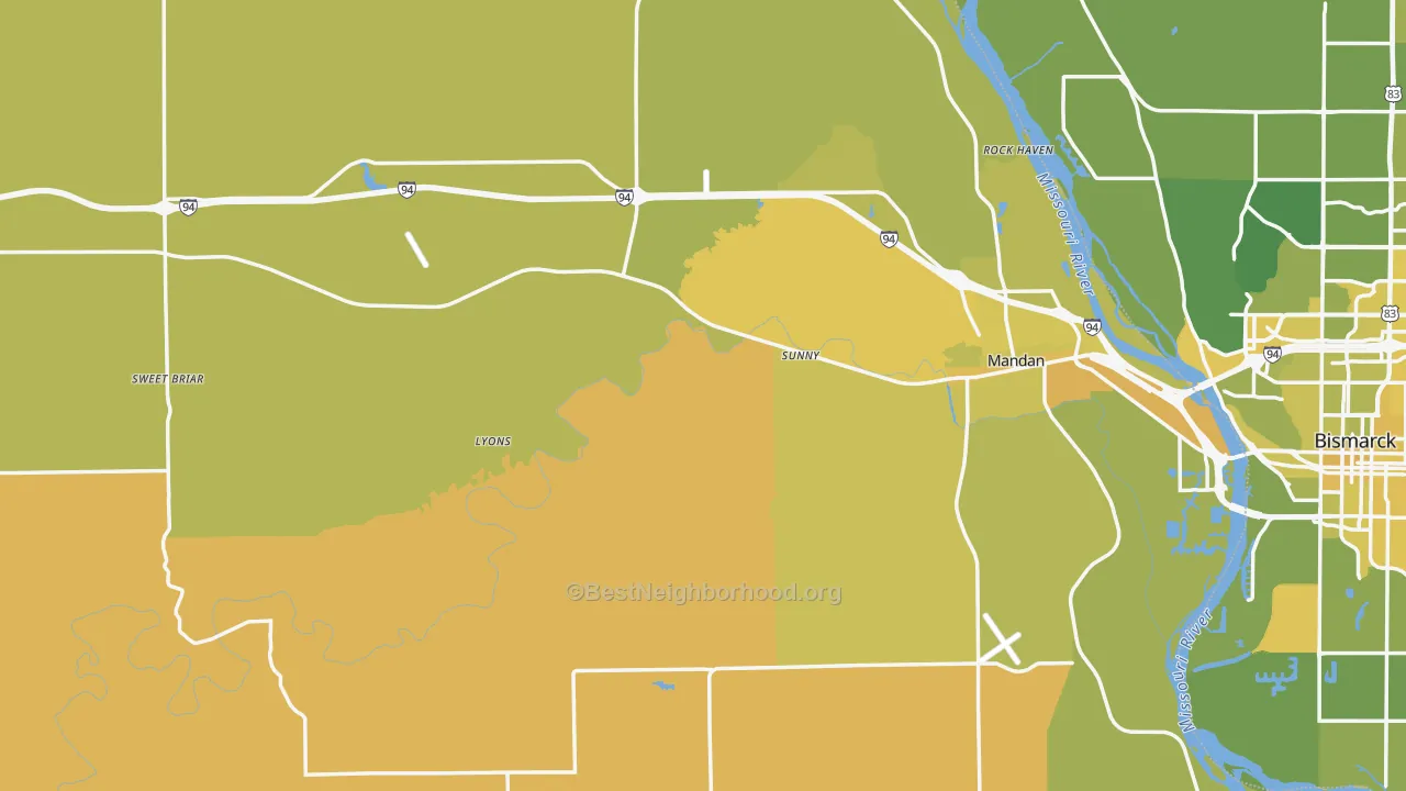 Map of the best neighborhoods in the Morton County area, with better matches in green and worse matches in red