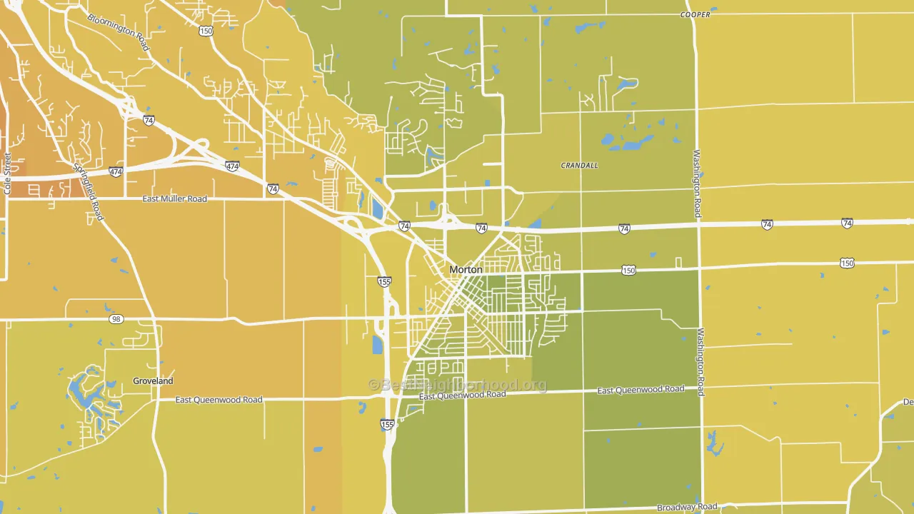 Map of the best neighborhoods in the Morton area, with better matches in green and worse matches in red