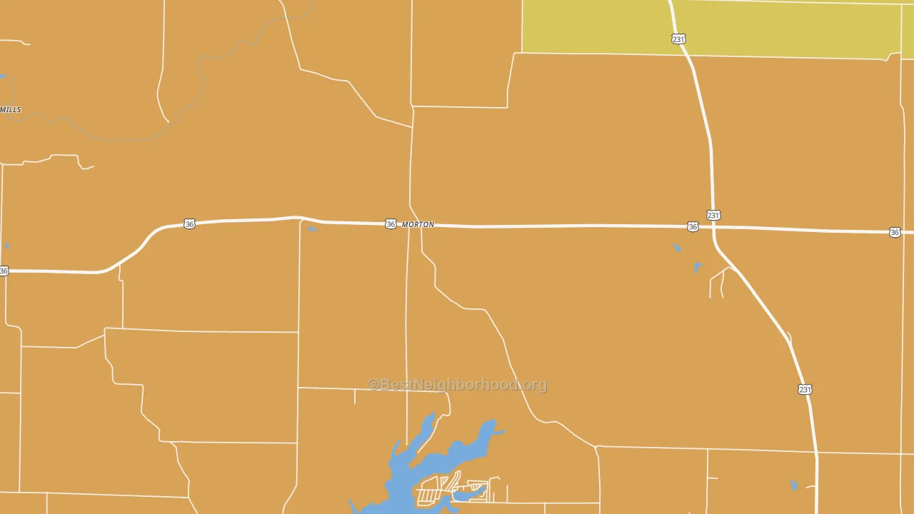 Map of the best neighborhoods in the Morton area, with better matches in green and worse matches in red