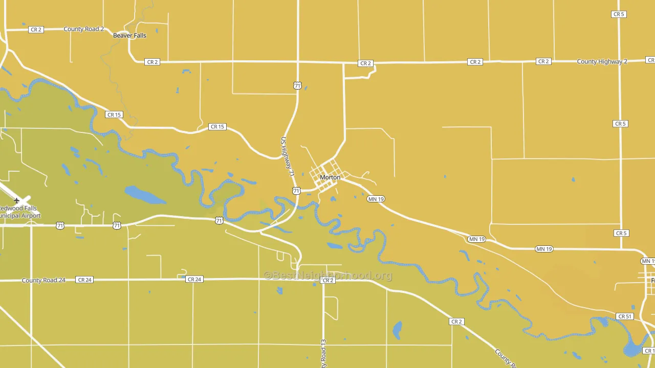 Map of the best neighborhoods in the Morton area, with better matches in green and worse matches in red