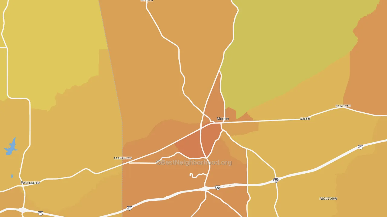 Map of the best neighborhoods in the Morton area, with better matches in green and worse matches in red