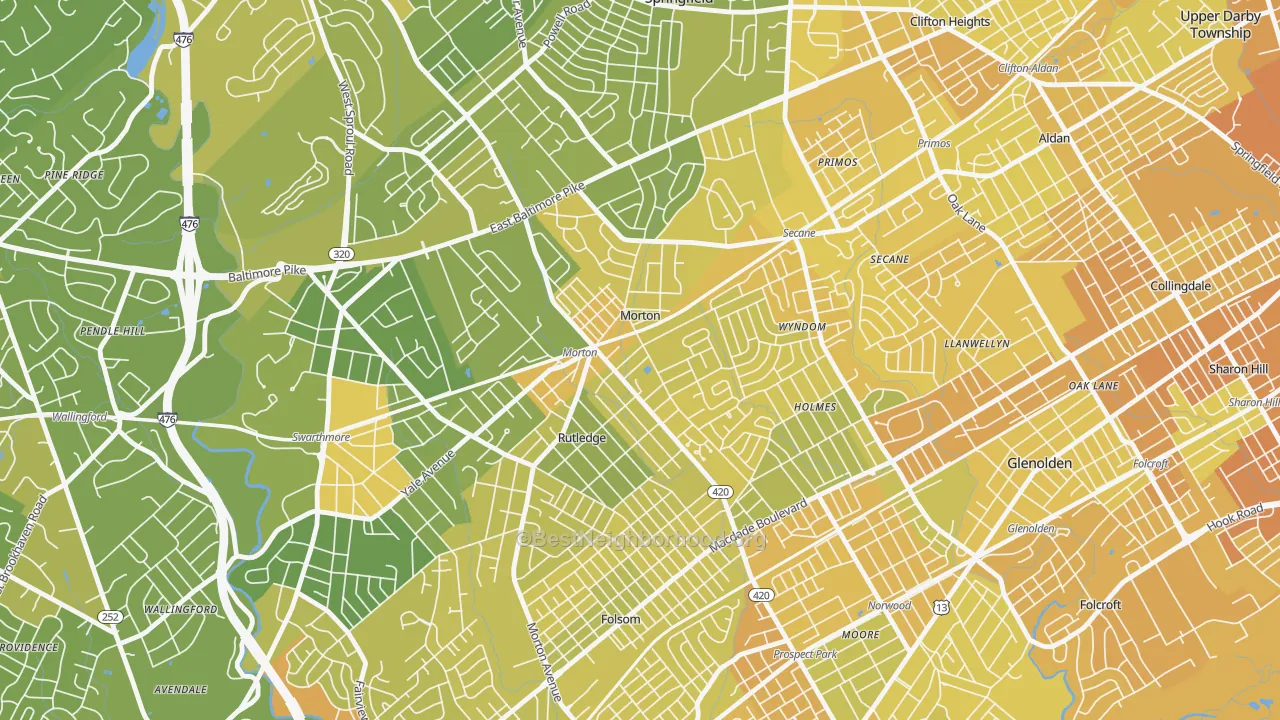 Map of the best neighborhoods in the Morton area, with better matches in green and worse matches in red