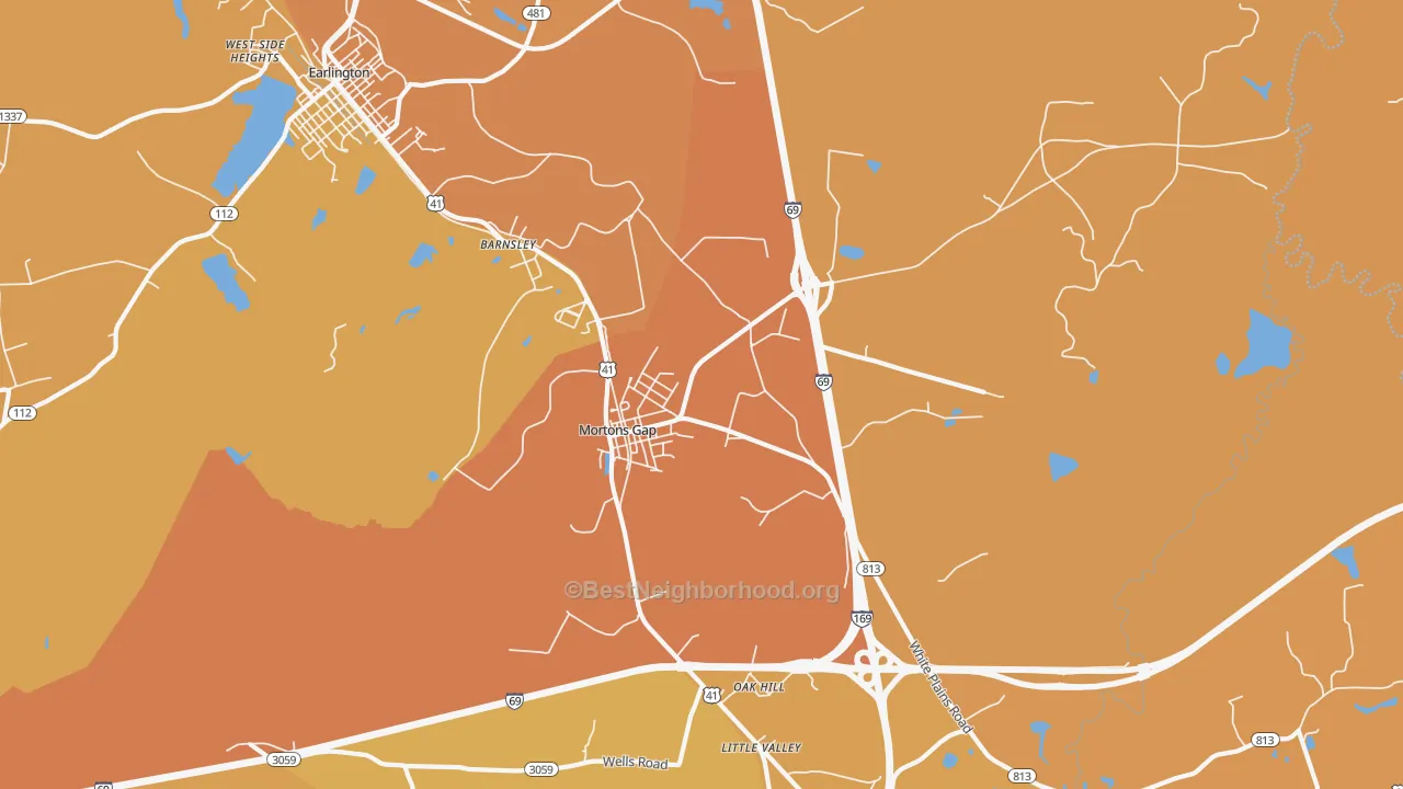 Map of the best neighborhoods in the Mortons Gap area, with better matches in green and worse matches in red