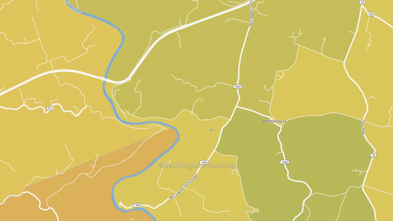 Map of the best neighborhoods in the Mortonsville area, with better matches in green and worse matches in red