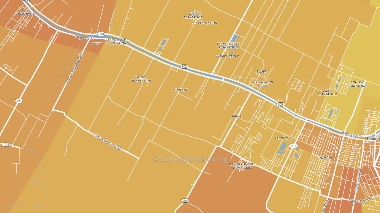 Map of the best neighborhoods in the Morvant area, with better matches in green and worse matches in red