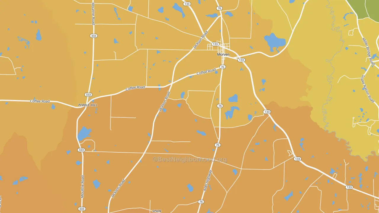 Map of the best neighborhoods in the Morven area, with better matches in green and worse matches in red