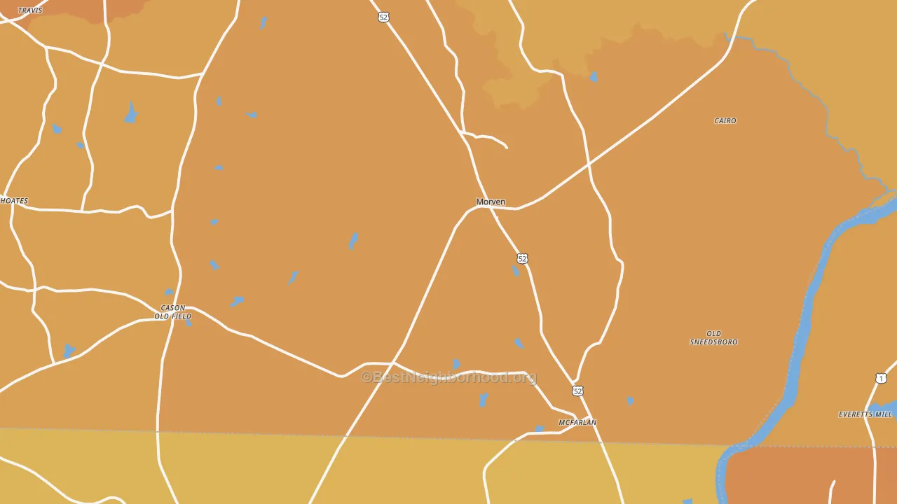 Map of the best neighborhoods in the Morven area, with better matches in green and worse matches in red