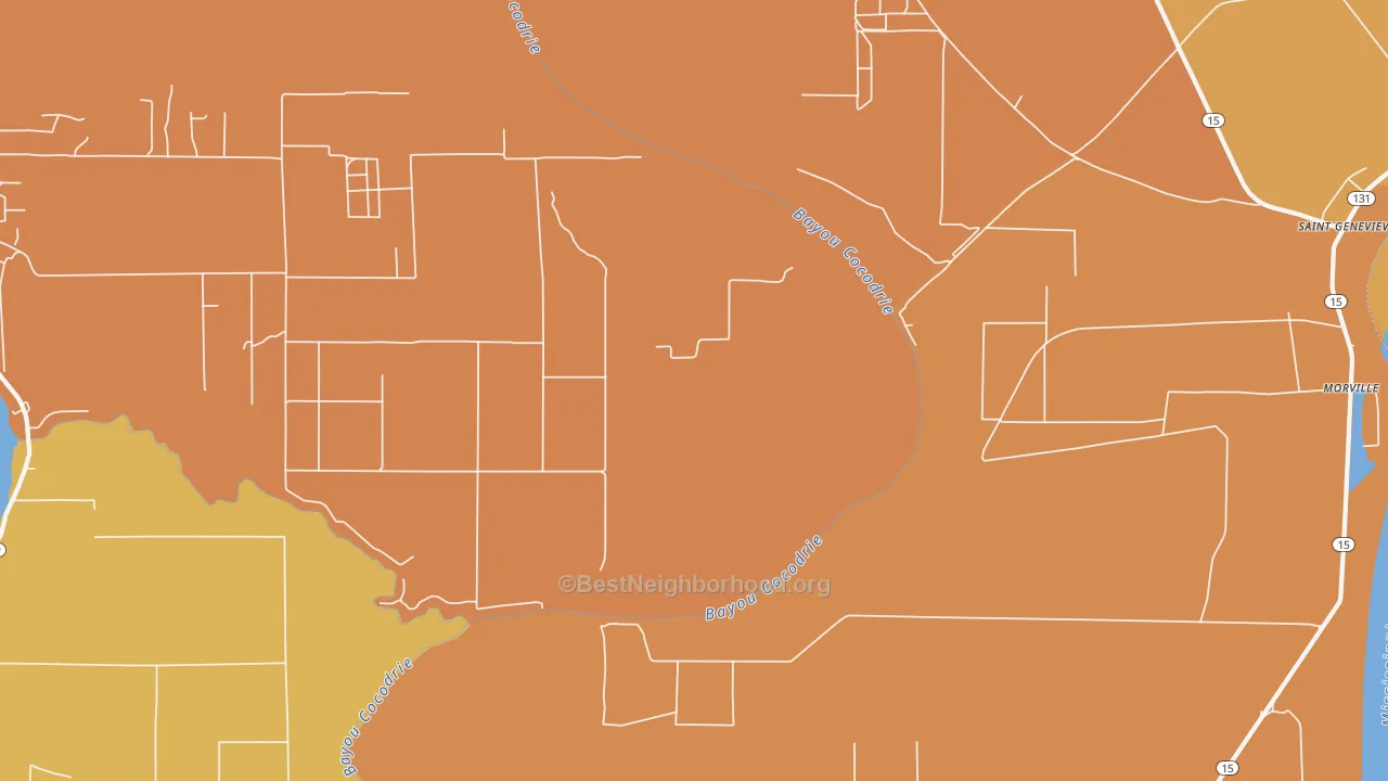 Map of the best neighborhoods in the Morville area, with better matches in green and worse matches in red