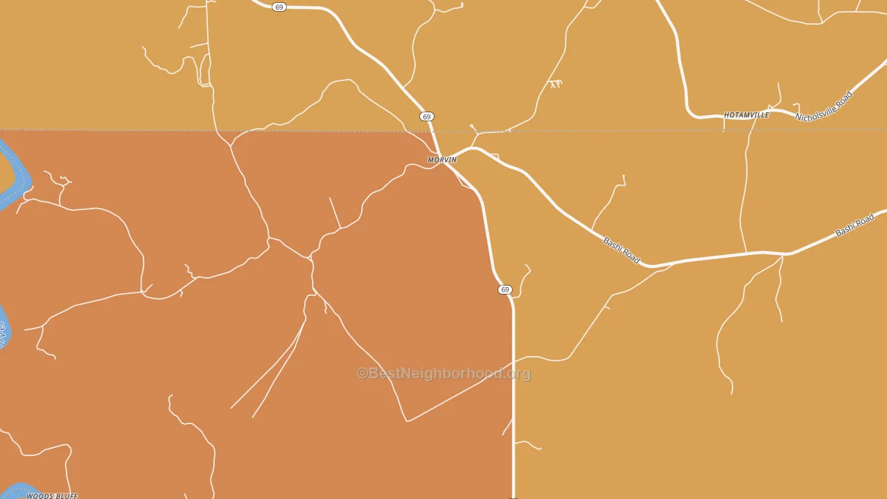 Map of the best neighborhoods in the Morvin area, with better matches in green and worse matches in red